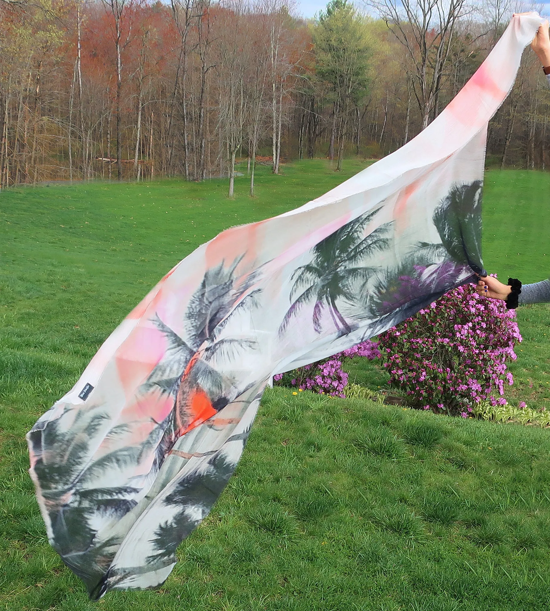 Blue Pacific Micromodal Beach Palm Tree Sunset Tapestry Scarf in Coral Peach