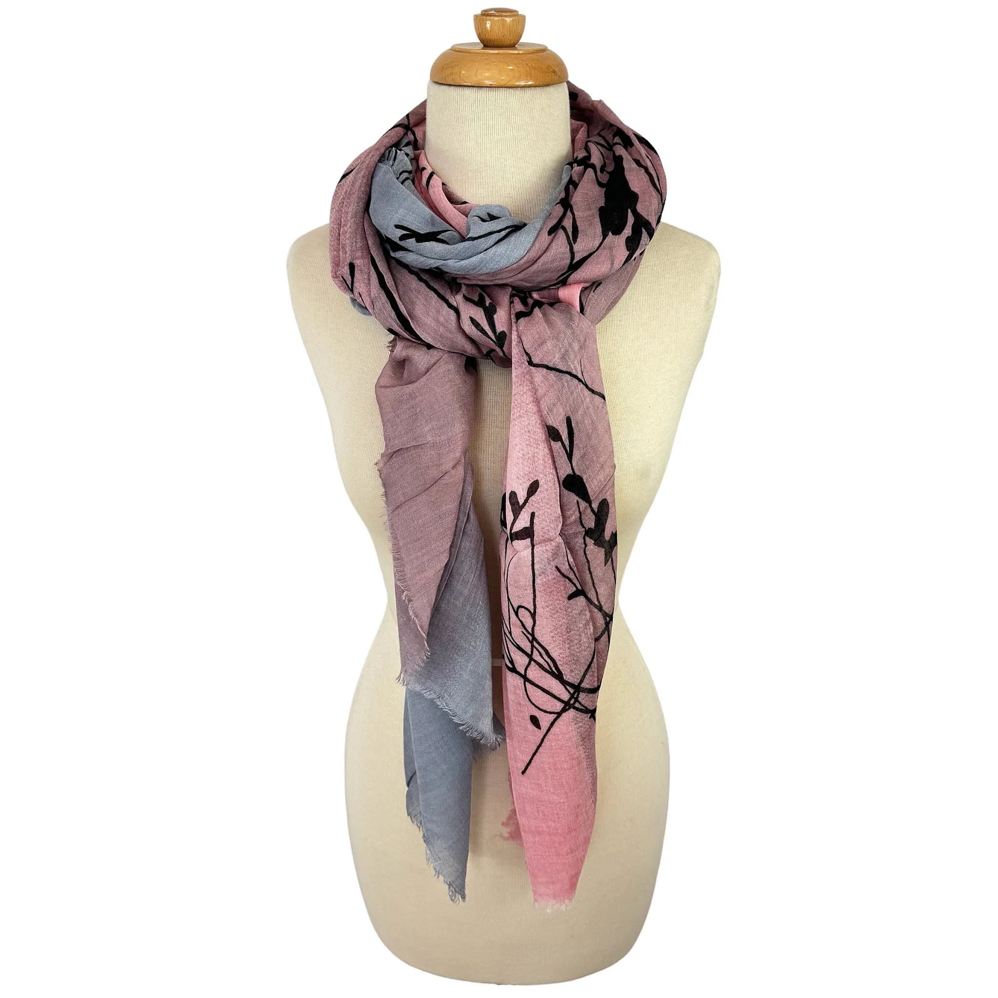 Blue Pacific Tree Print Cashmere and Silk Scarf in Rose Pink and Silver Gray
