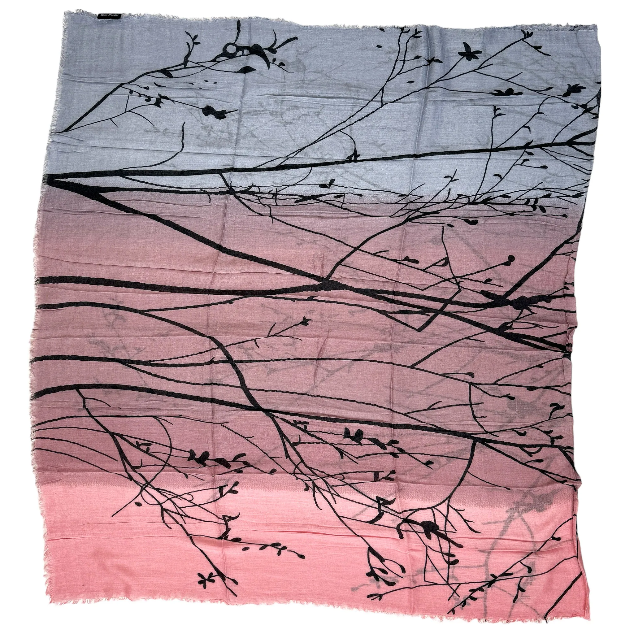 Blue Pacific Tree Print Cashmere and Silk Scarf in Rose Pink and Silver Gray