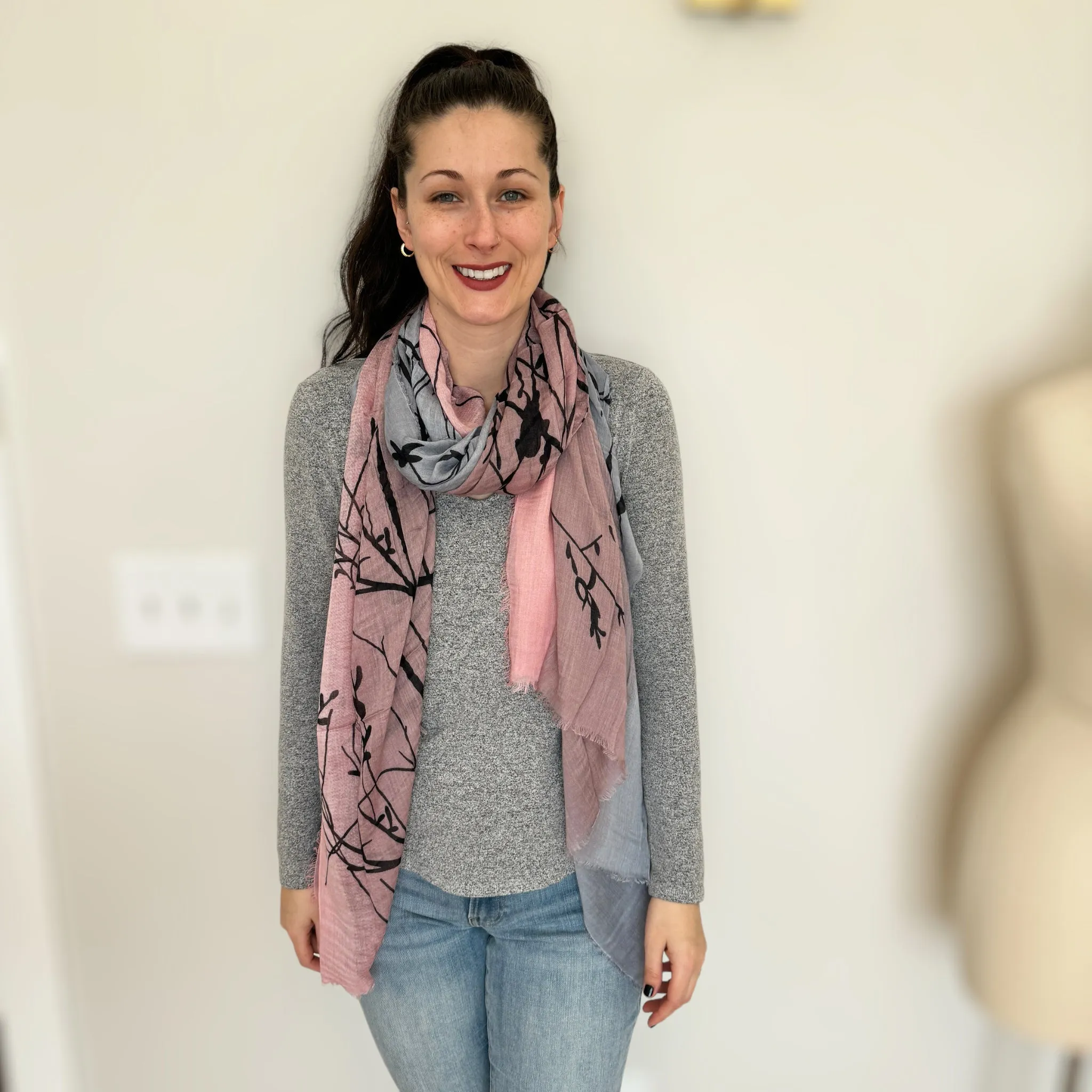 Blue Pacific Tree Print Cashmere and Silk Scarf in Rose Pink and Silver Gray