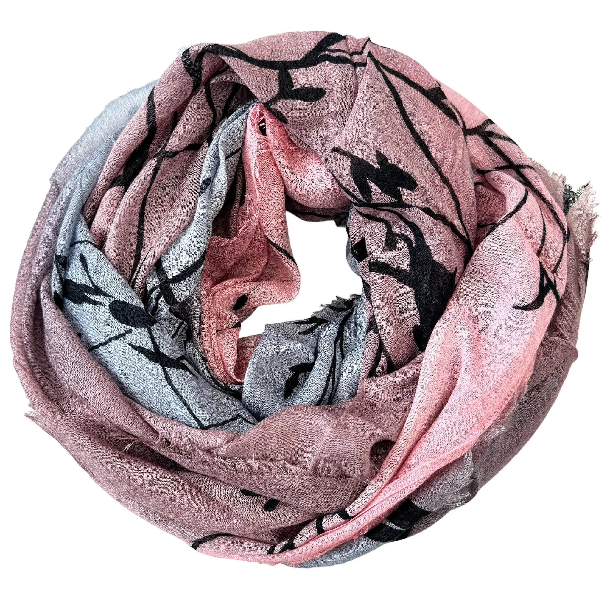 Blue Pacific Tree Print Cashmere and Silk Scarf in Rose Pink and Silver Gray