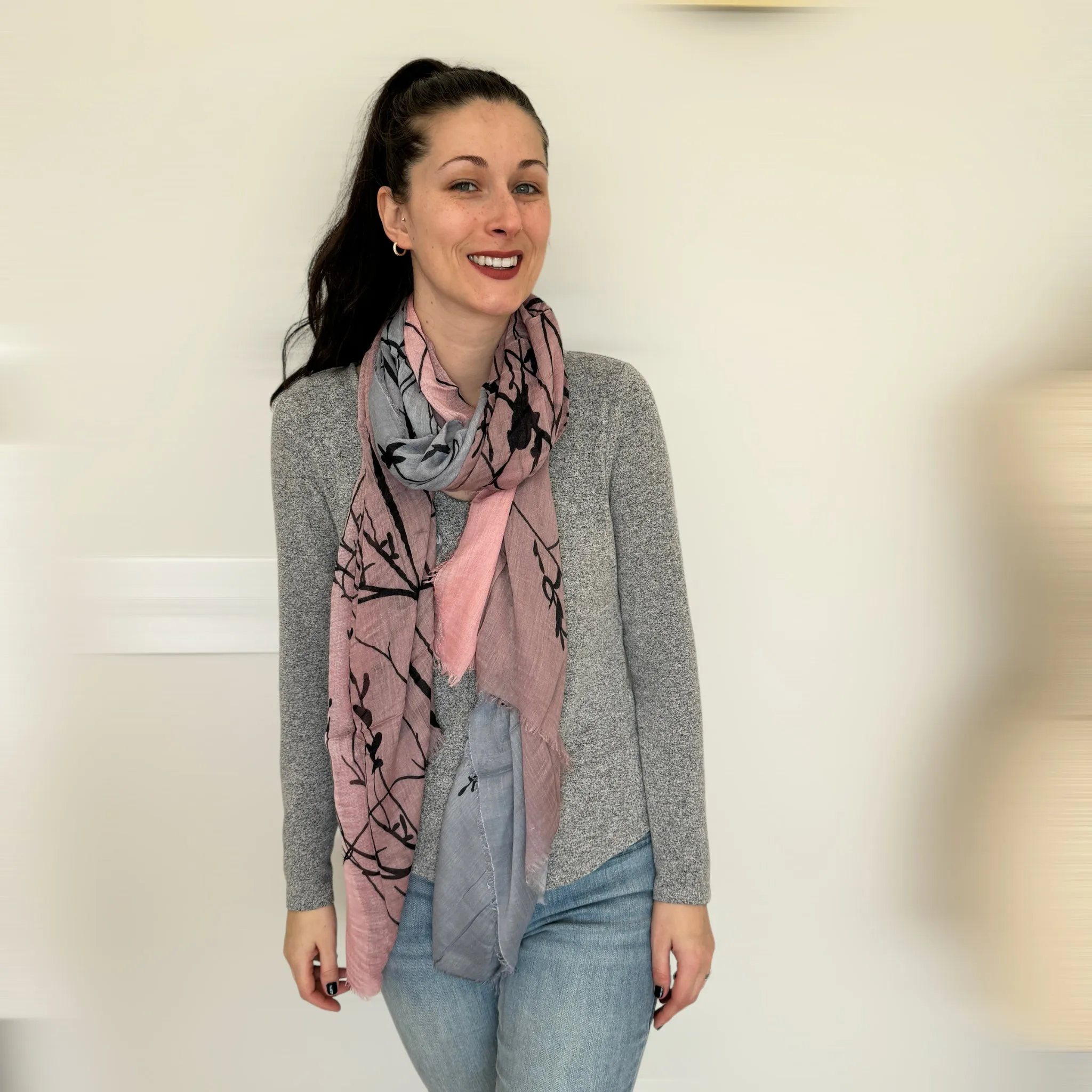 Blue Pacific Tree Print Cashmere and Silk Scarf in Rose Pink and Silver Gray