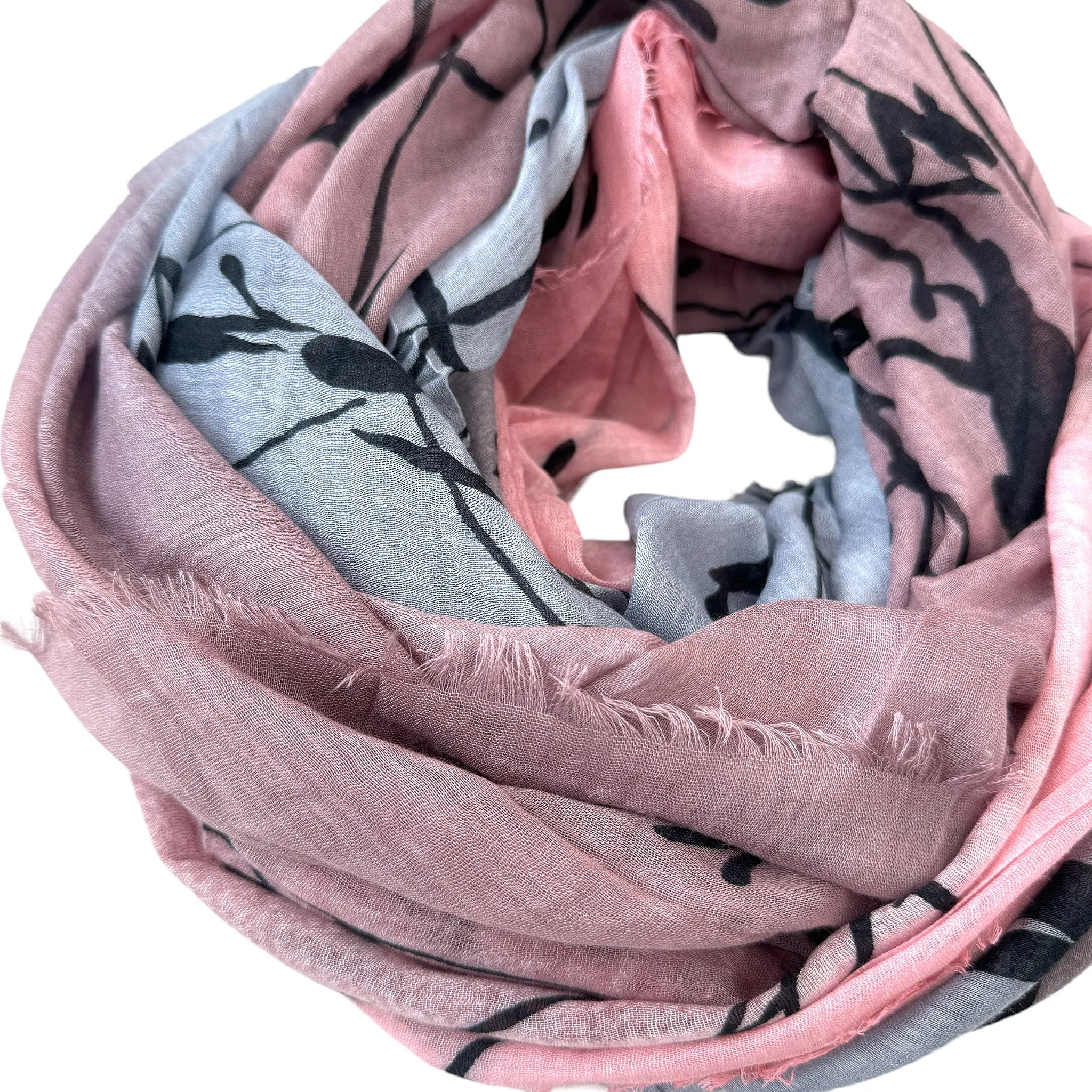 Blue Pacific Tree Print Cashmere and Silk Scarf in Rose Pink and Silver Gray