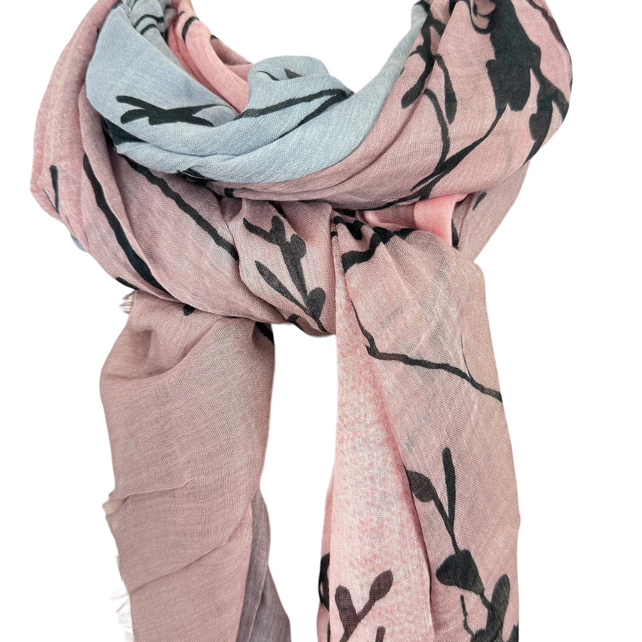 Blue Pacific Tree Print Cashmere and Silk Scarf in Rose Pink and Silver Gray