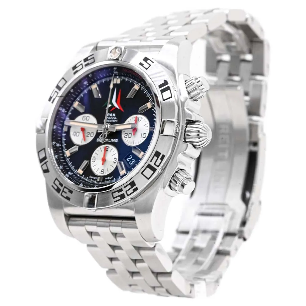 Breitling Mens Chronomat 44mm Stainless Steel Black Chronograph Stick Dial Watch Ref# AB01104D