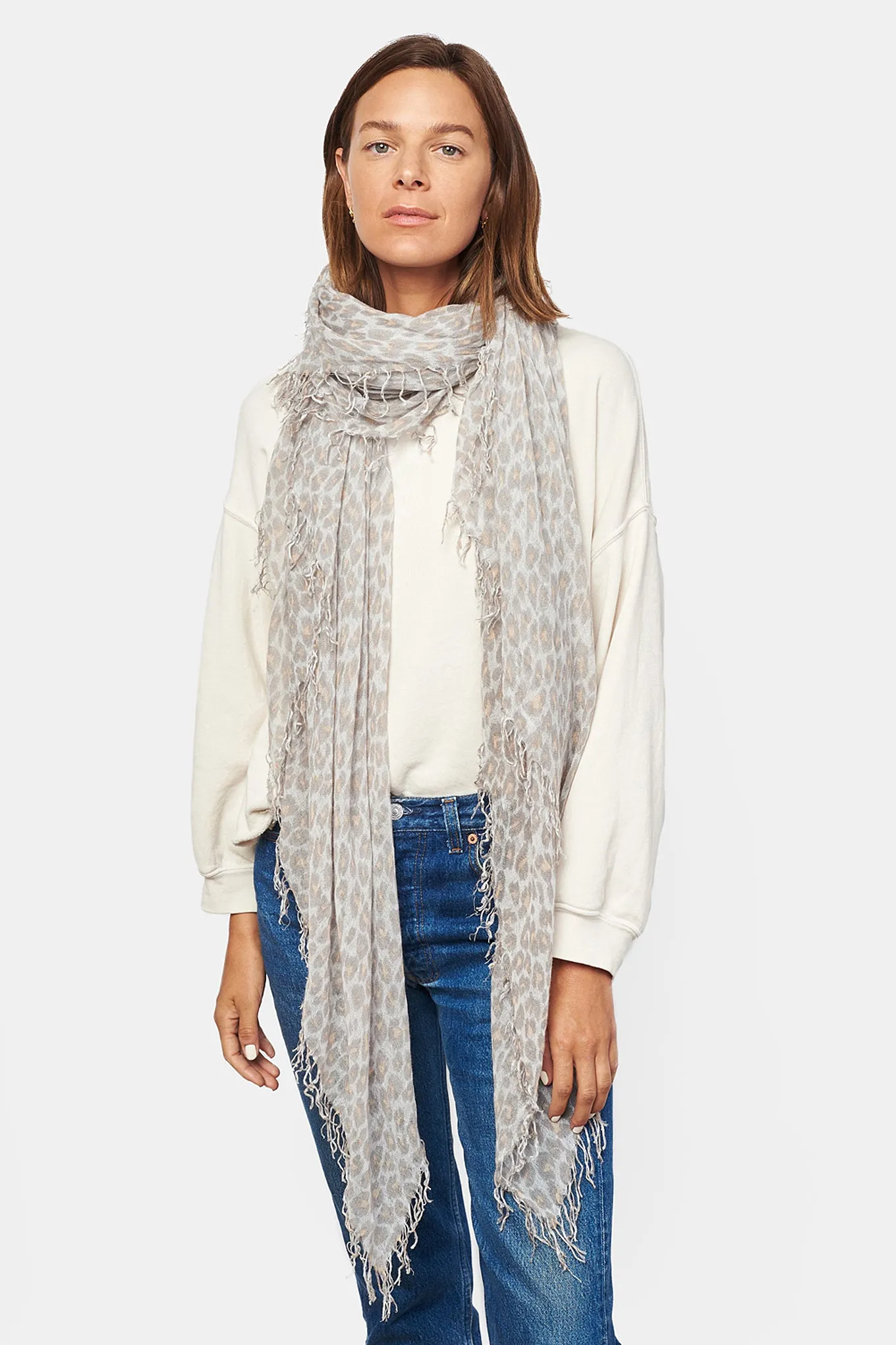 Chan Luu Cashmere and Silk Scarf Shawl in White Leopard Print