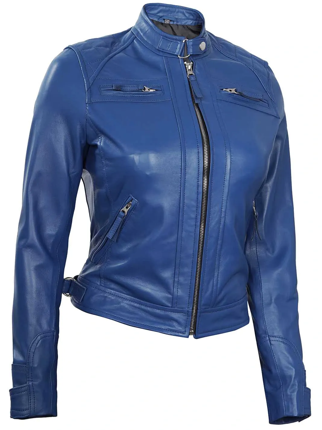 Johnson Women Blue Cafe Racer Leather Jacket