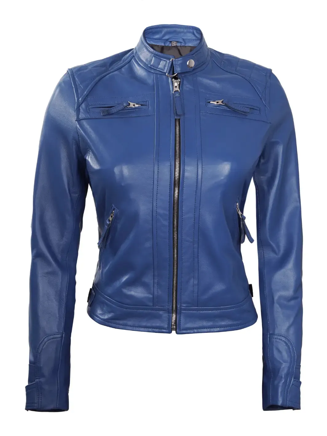 Johnson Women Blue Cafe Racer Leather Jacket