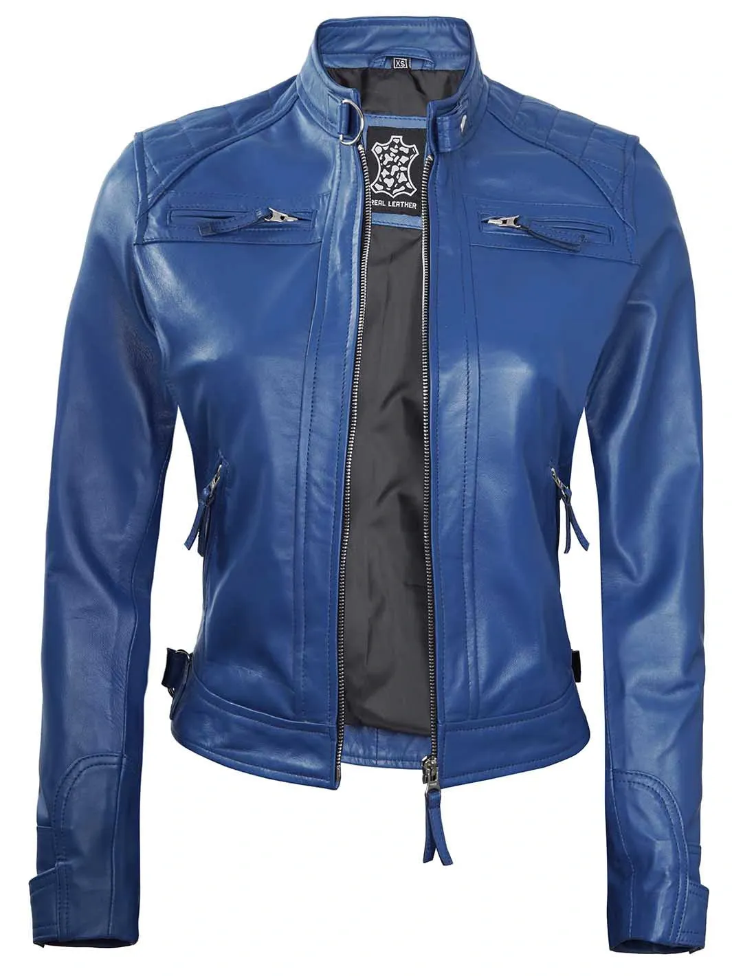 Johnson Women Blue Cafe Racer Leather Jacket