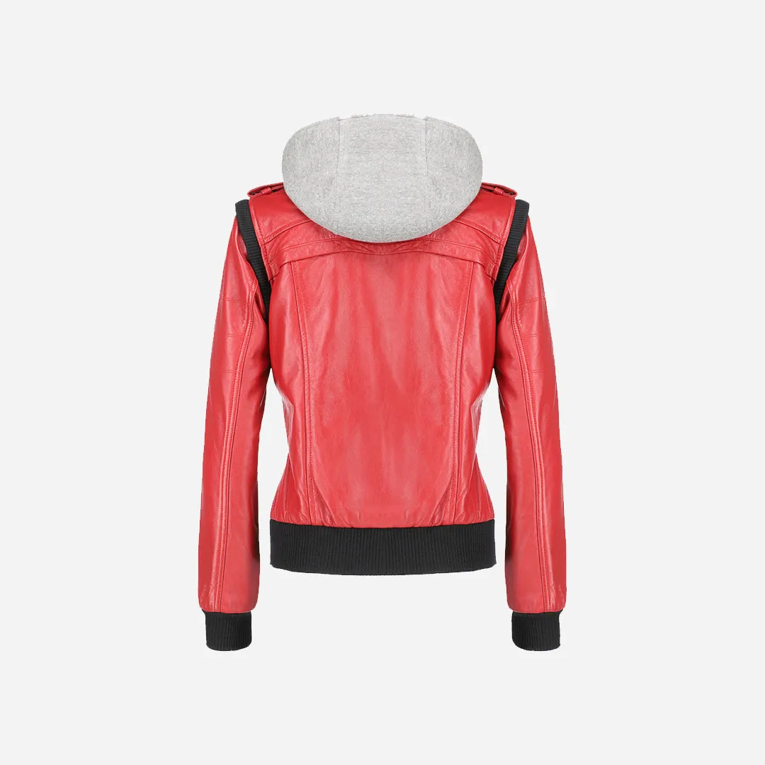 Women's Hooded Red Leather Jacket