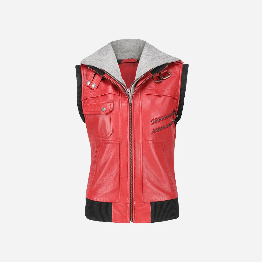 Women's Hooded Red Leather Jacket