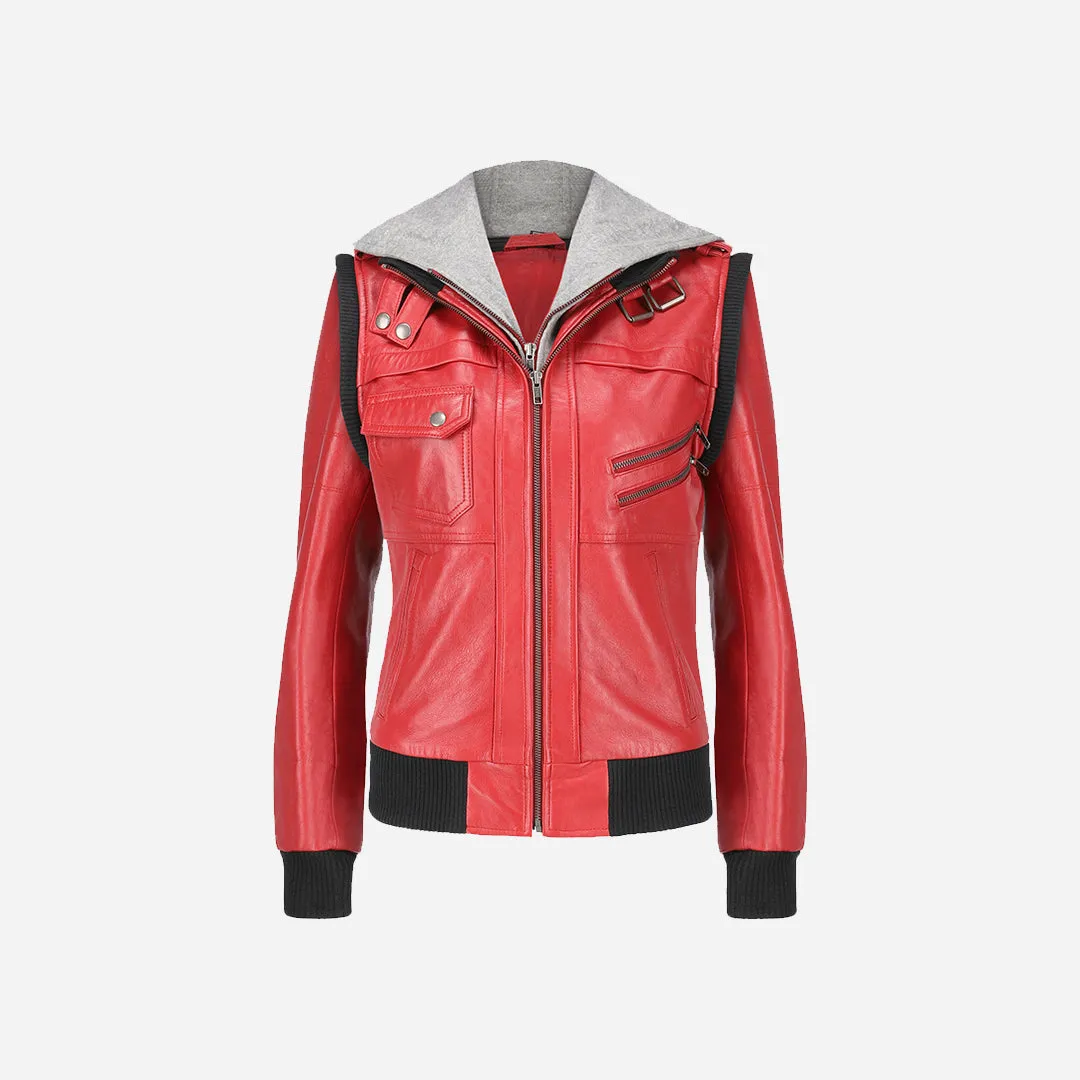 Women's Hooded Red Leather Jacket