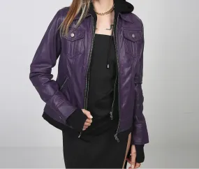Women's Purple Bomber Leather Jacket with Removable Hood