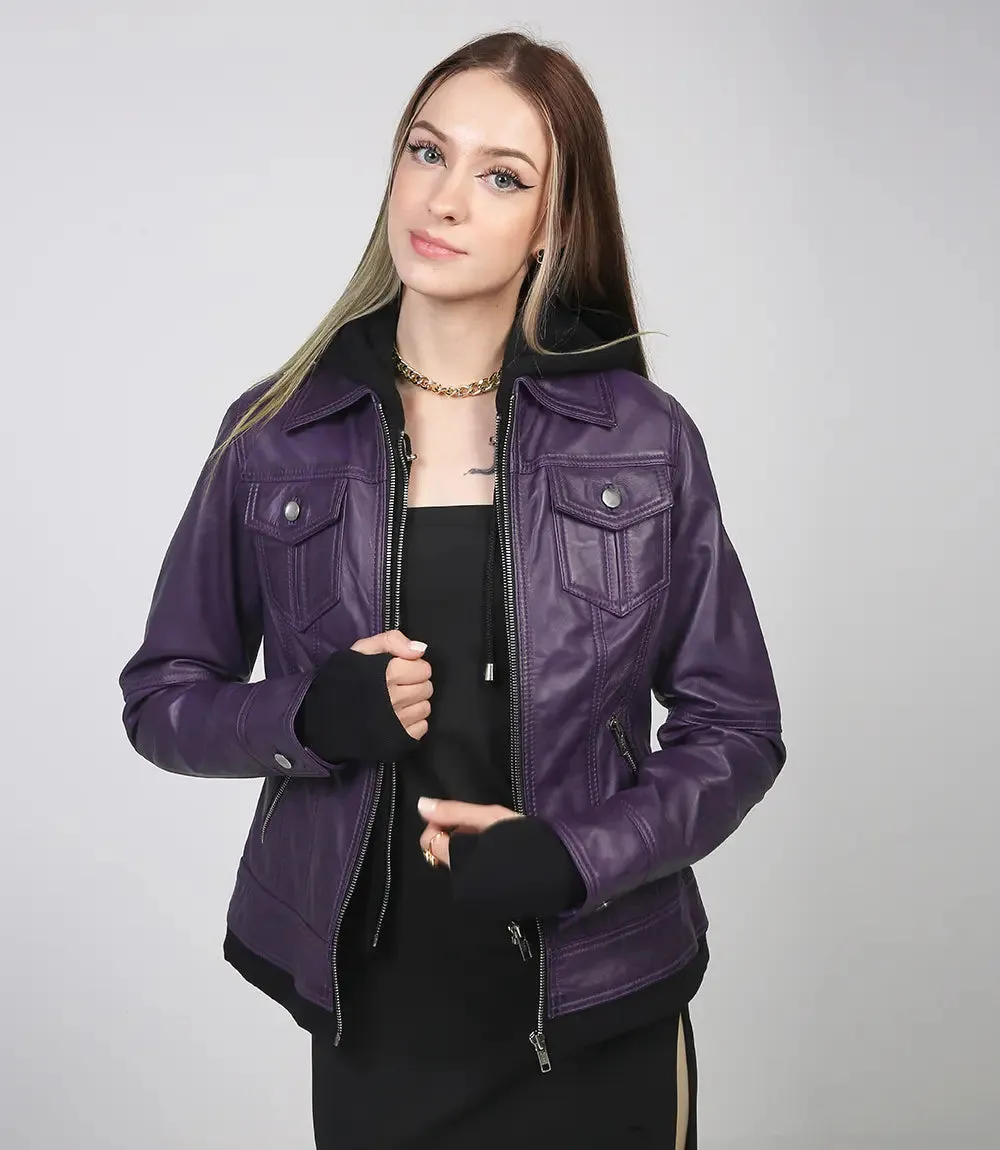 Women's Purple Bomber Leather Jacket with Removable Hood
