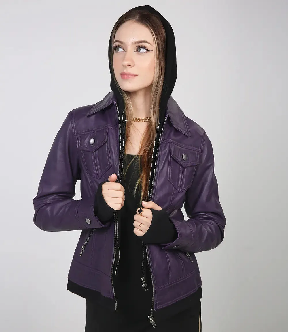 Women's Purple Bomber Leather Jacket with Removable Hood