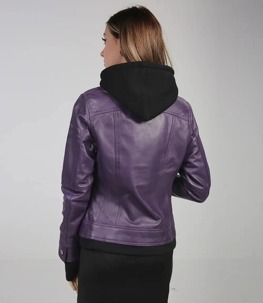 Women's Purple Bomber Leather Jacket with Removable Hood