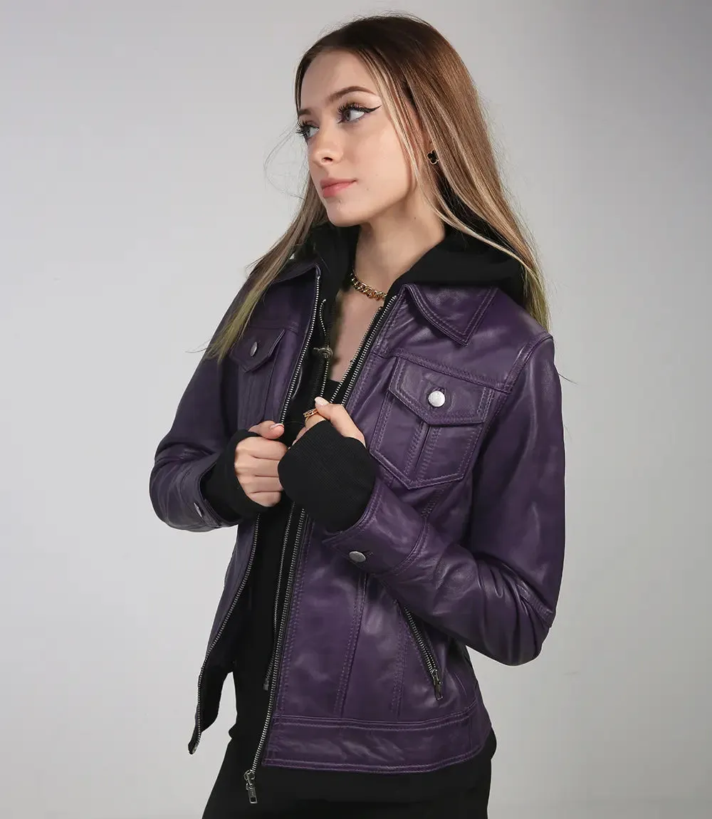 Women's Purple Bomber Leather Jacket with Removable Hood